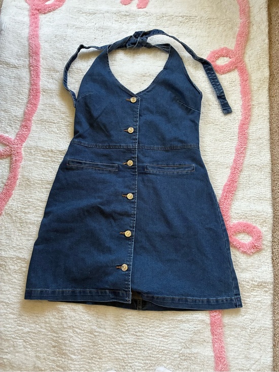 Altar'd State Dresses & Skirts - NWT Altar’d State Denim Halter Mini Dress Gold Button Size Small